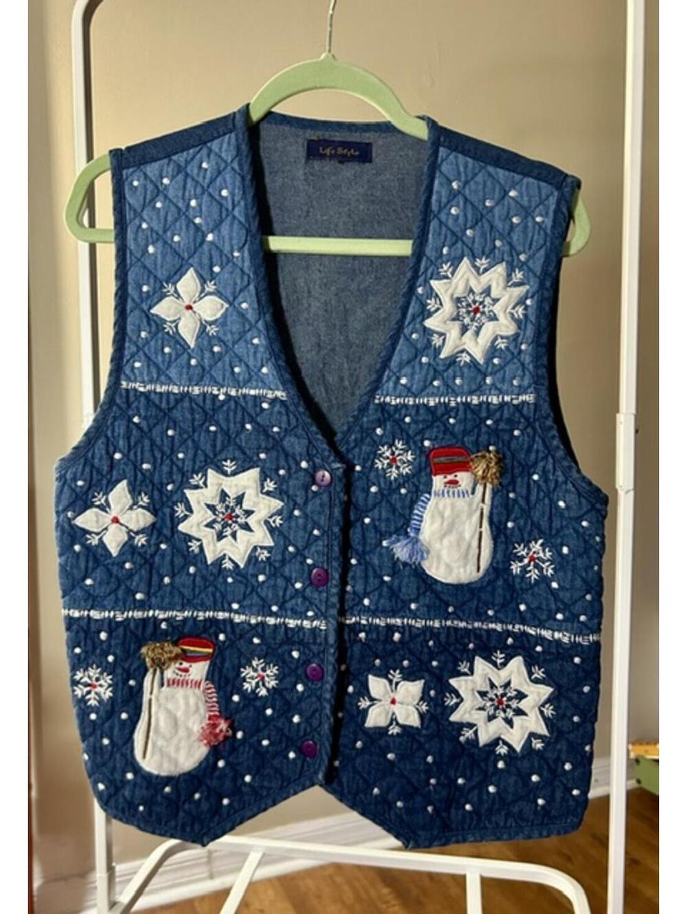 Vintage Quilted Life Style Christmas Snowman Embroidered Vest Sz M